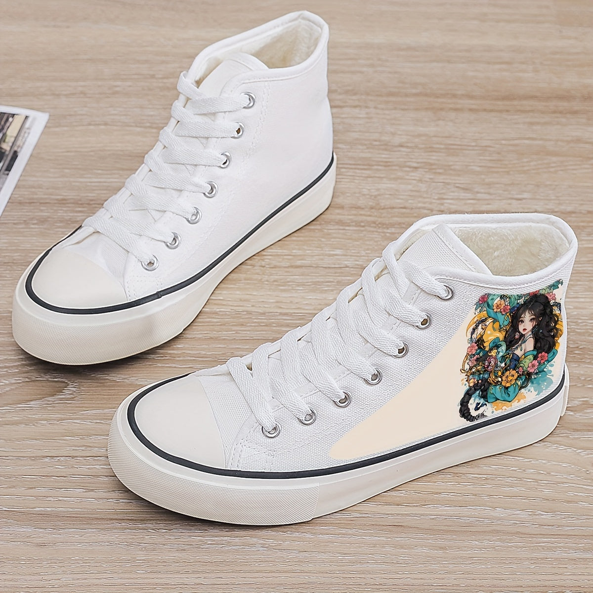 Anime Girl Print Plush Lined Thermal Chunky Canvas Sneakers