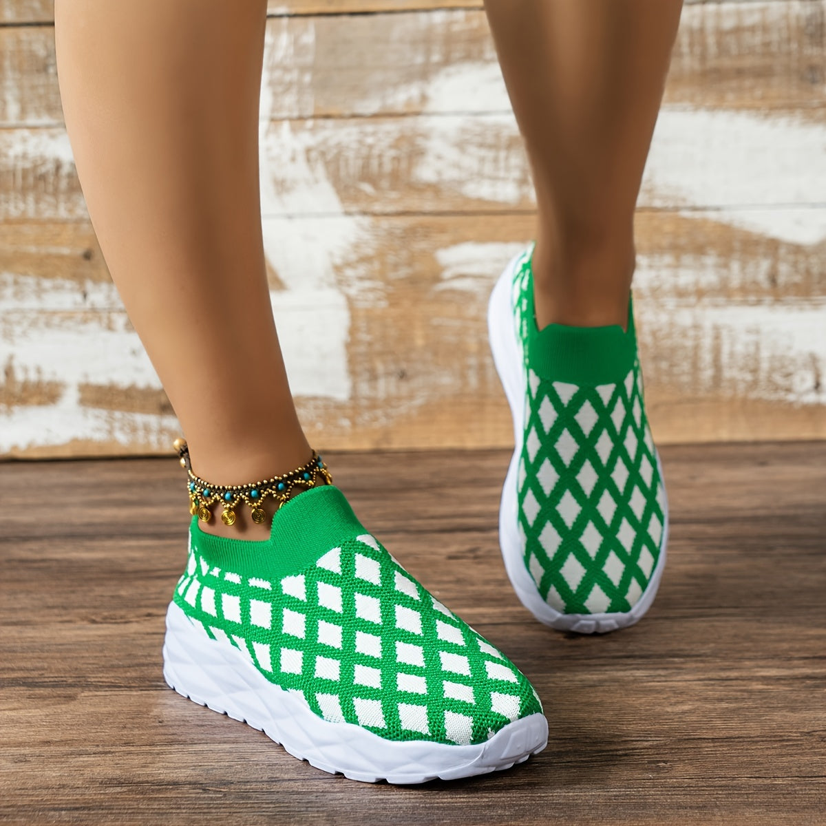 Women's Green Plaid Chunky Sneakers Lightweight Outdoor Sport Shoes