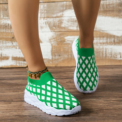 Women's Green Plaid Chunky Sneakers Lightweight Outdoor Sport Shoes