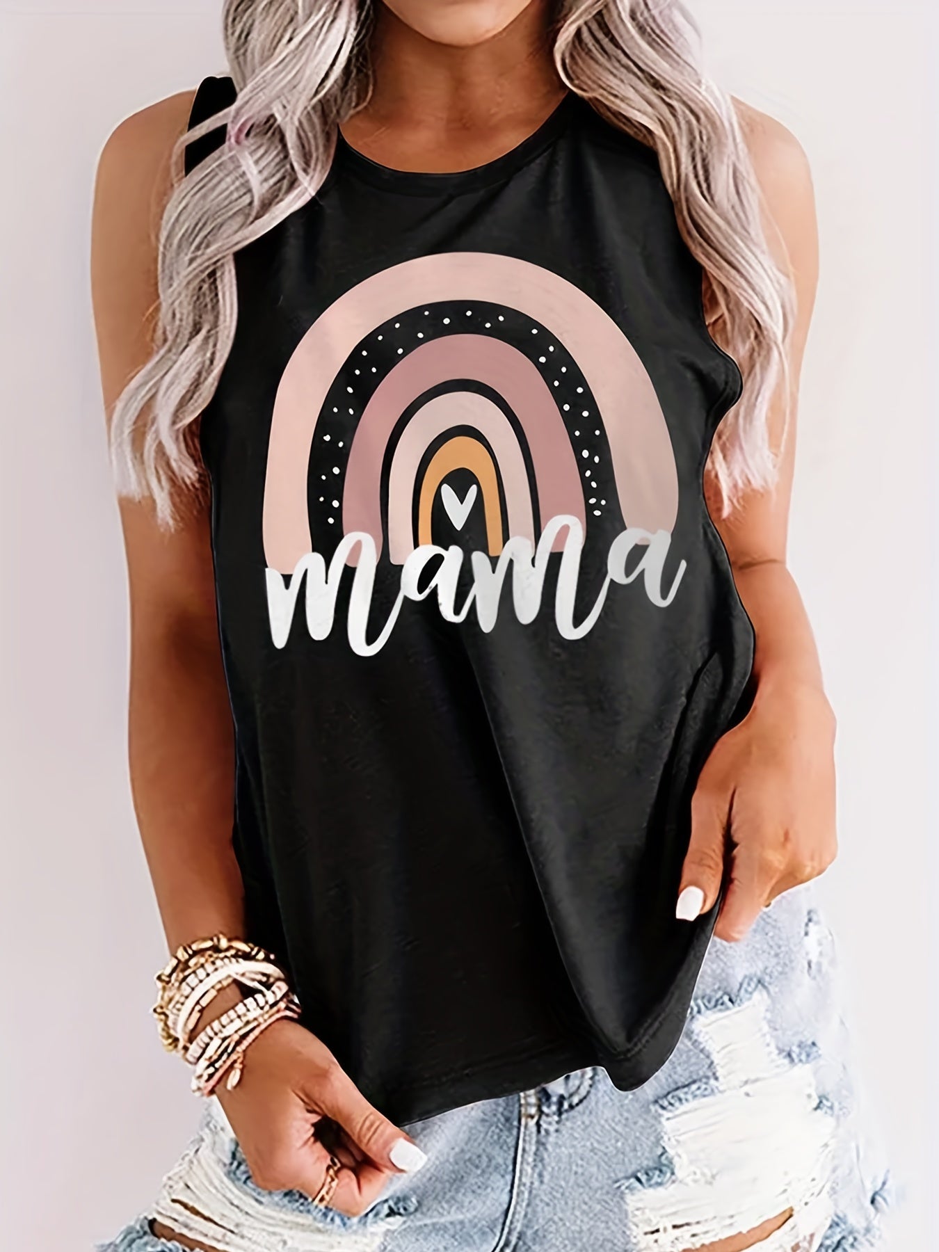 MAMA Letter Print Tank Top Loose Sleeveless Casual Round Neck Women's Clothing