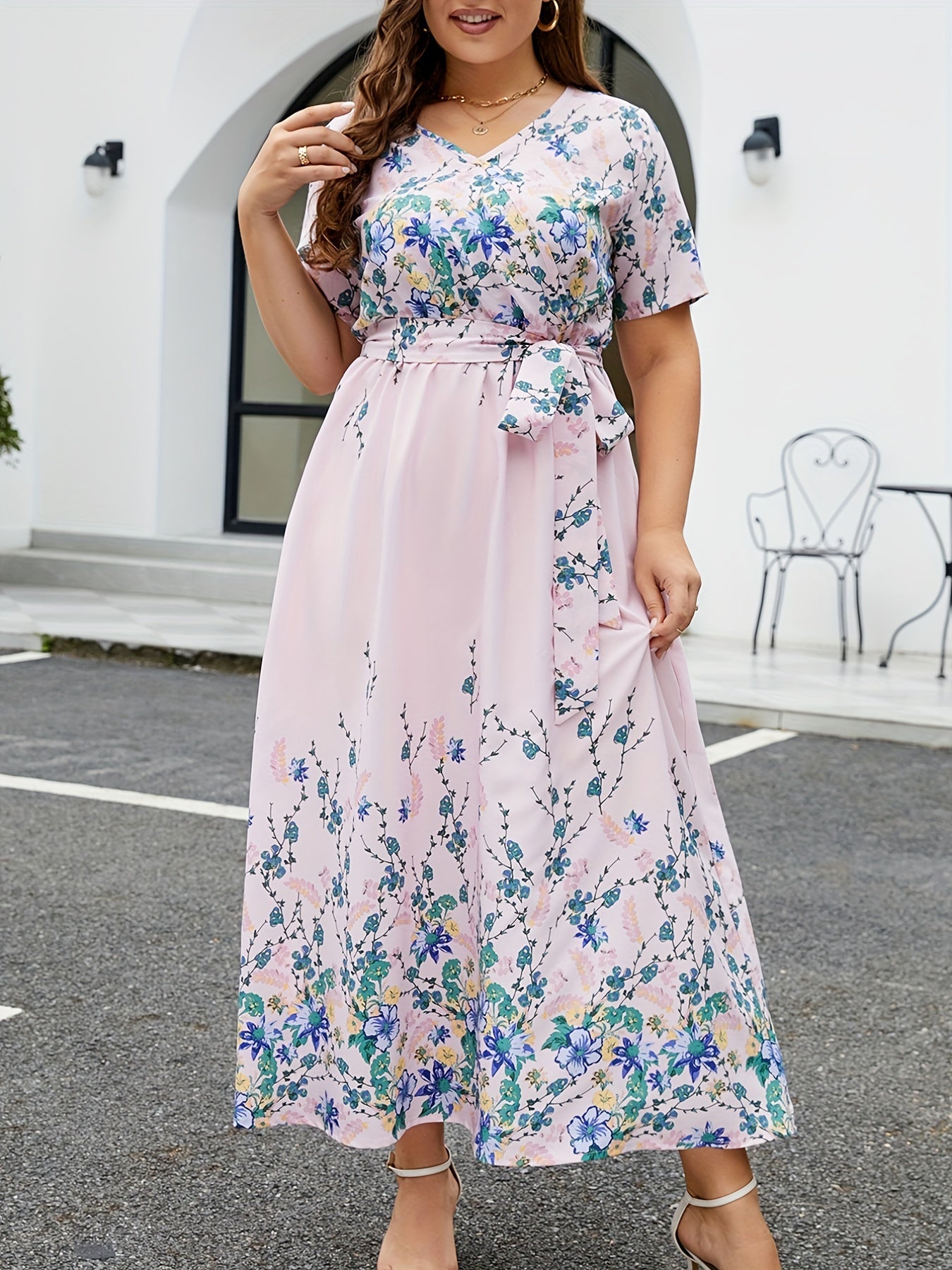 Floral Print Short Sleeve Wrap Dress With Belt