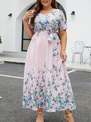 Floral Print Short Sleeve Wrap Dress With Belt
