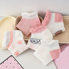 5 Pairs Bear Print & Ruffle Ankle Socks Women's Stockings