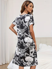 Skull Pattern Lounge Dress Soft & Comfy Short Sleeve Home Dress