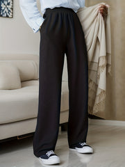 Solid Elastic Waist Straight Leg Pants Casual Loose Drape Pocket Pants