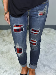 Colorblock Plaid Print Ripped Button Fly Jeans