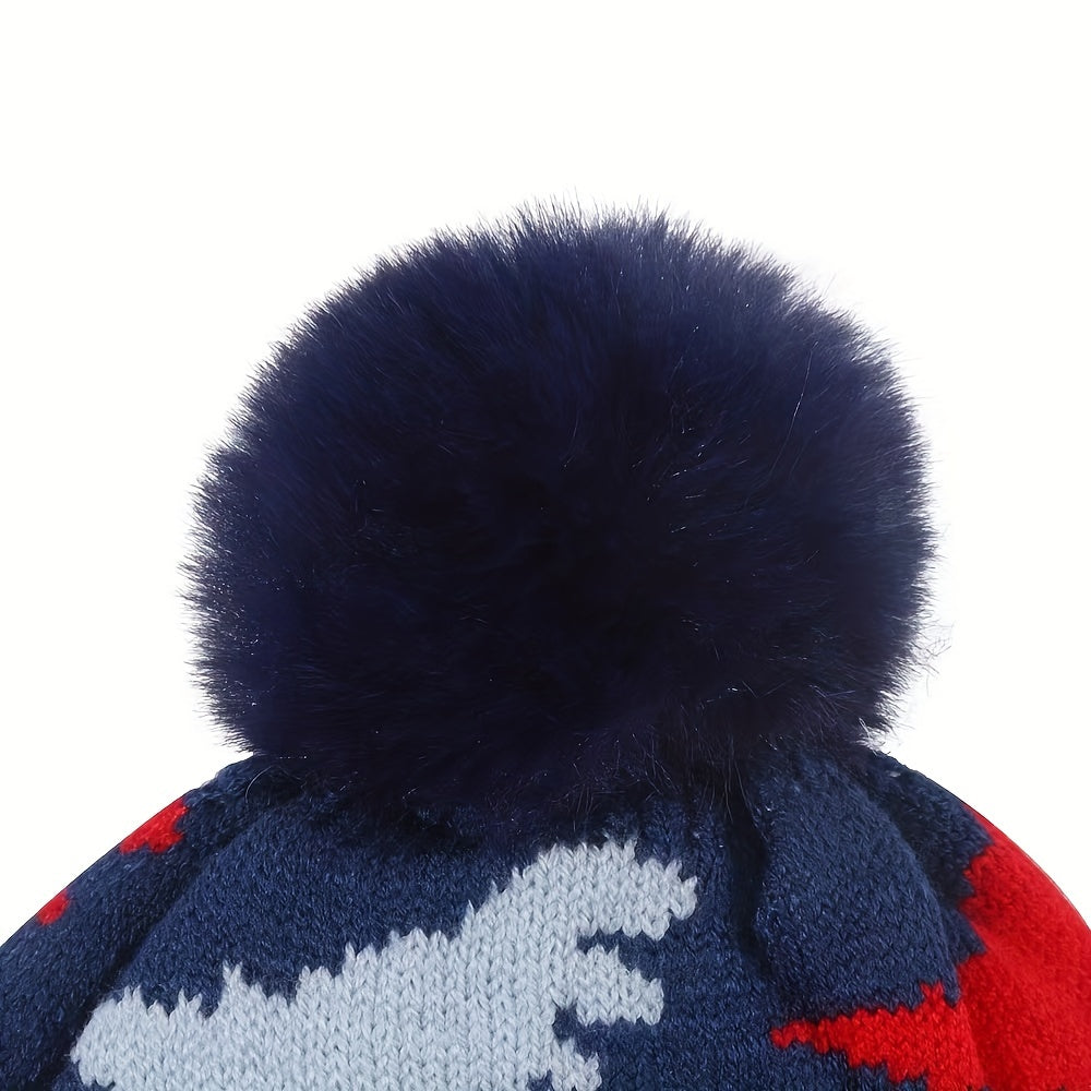 Kids Winter Knit Fleece-Lined Hat With Dinosaur Embroidery