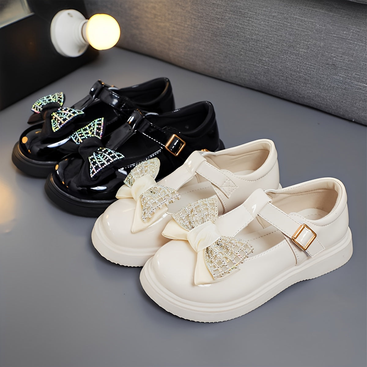 Rhinestone Bow Princess Shoes for Girls Soft Slip-on Loaders