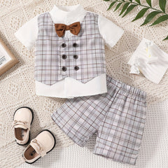 Preppy Summer Outfit for Baby Boys Bowtie Shirt & Plaid Shorts Set