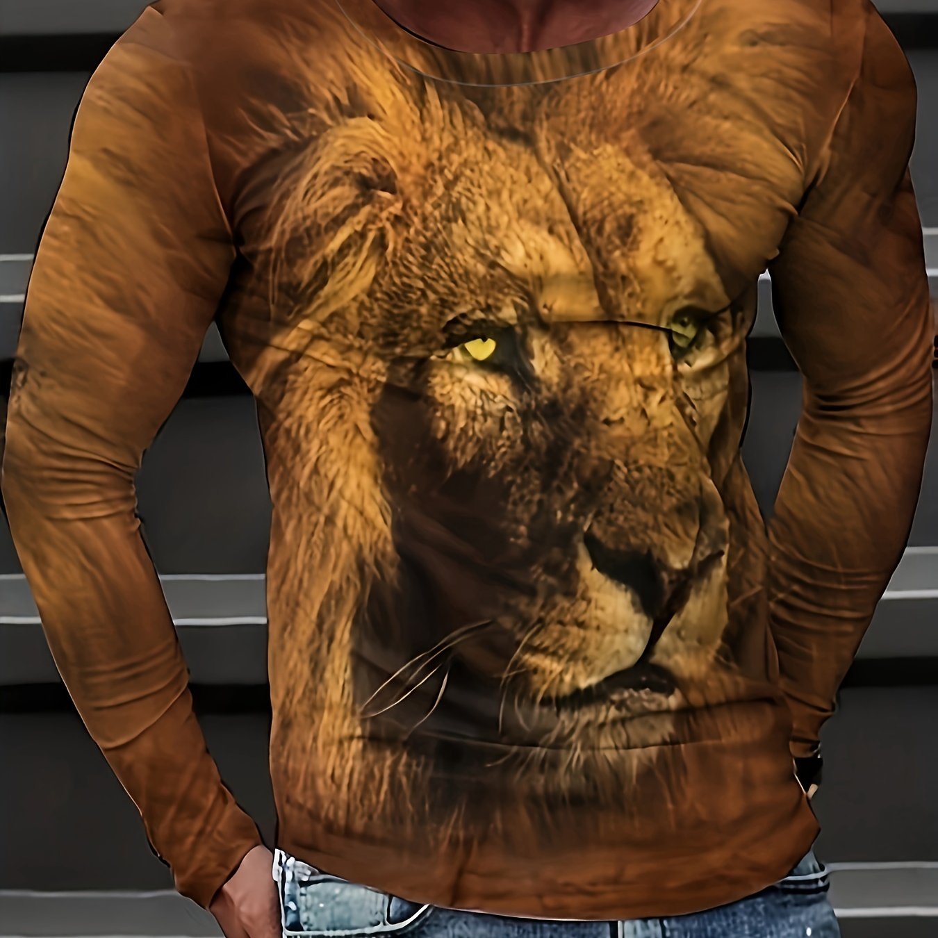 Lion 3D Print Men's Long Sleeve Vintage T-shirt