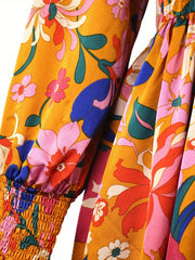 Women's Floral Print Lantern Sleeve Round Neck Dress