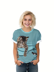 Kids Striped Kitty Graphic T-shirt - Summer Sports Clothes