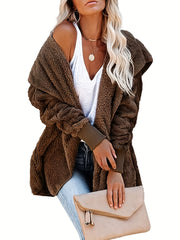 Solid Hooded Fuzzy Coat Long Sleeve Open Front Coat