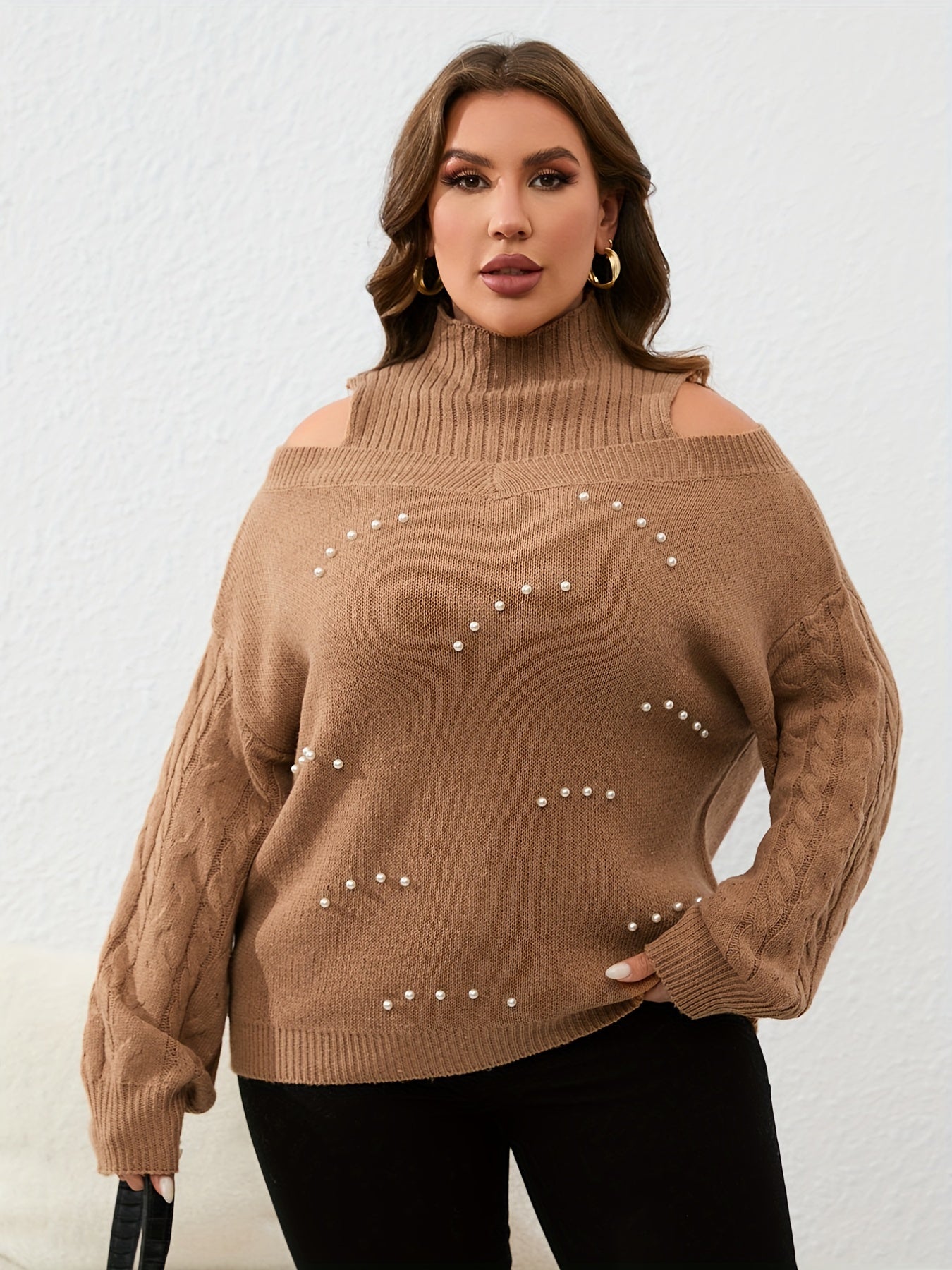 Women's Cold Shoulder Knit Top with Faux Pearl Decoration
