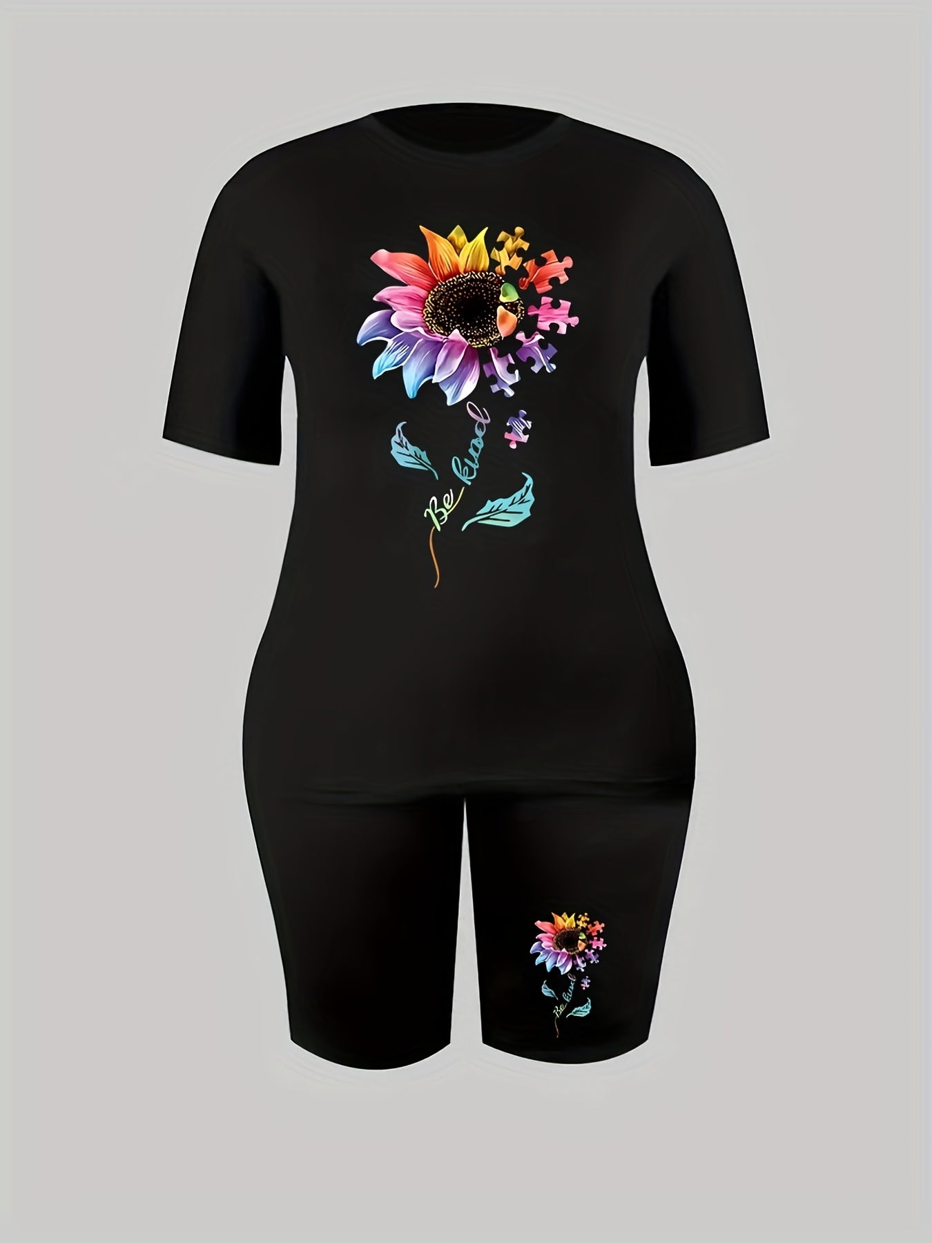 Women's Plus Sunflower Print Top & Shorts Two Piece Set