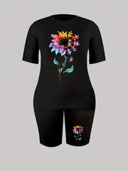 Women's Plus Sunflower Print Top & Shorts Two Piece Set