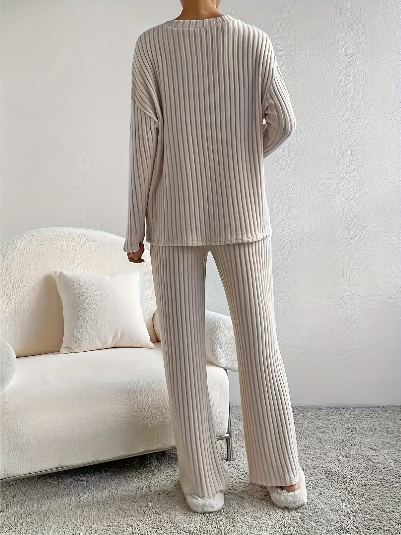 Solid Ribbed Long Sleeve V Neck Top & Pants Outfit Set