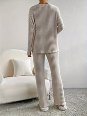 Solid Ribbed Long Sleeve V Neck Top & Pants Outfit Set
