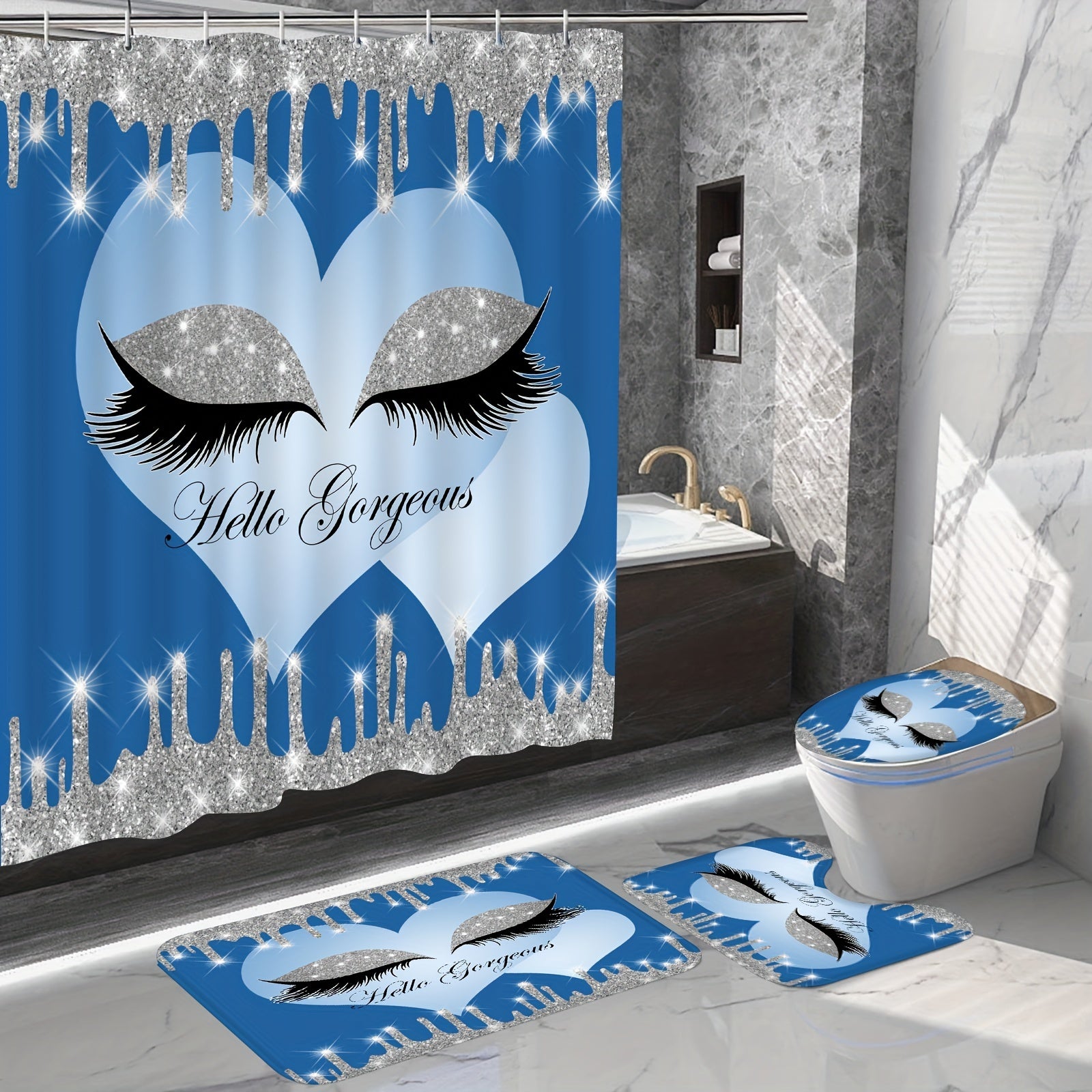 Sparkling Eyelash Shower Curtain Set with Non Slip Bath Mat