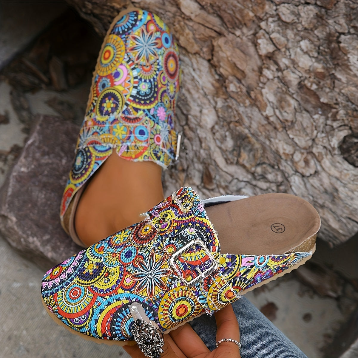 Women's Ethnic Canvas Skate Shoes Closed Toe Slip On Slide Shoes