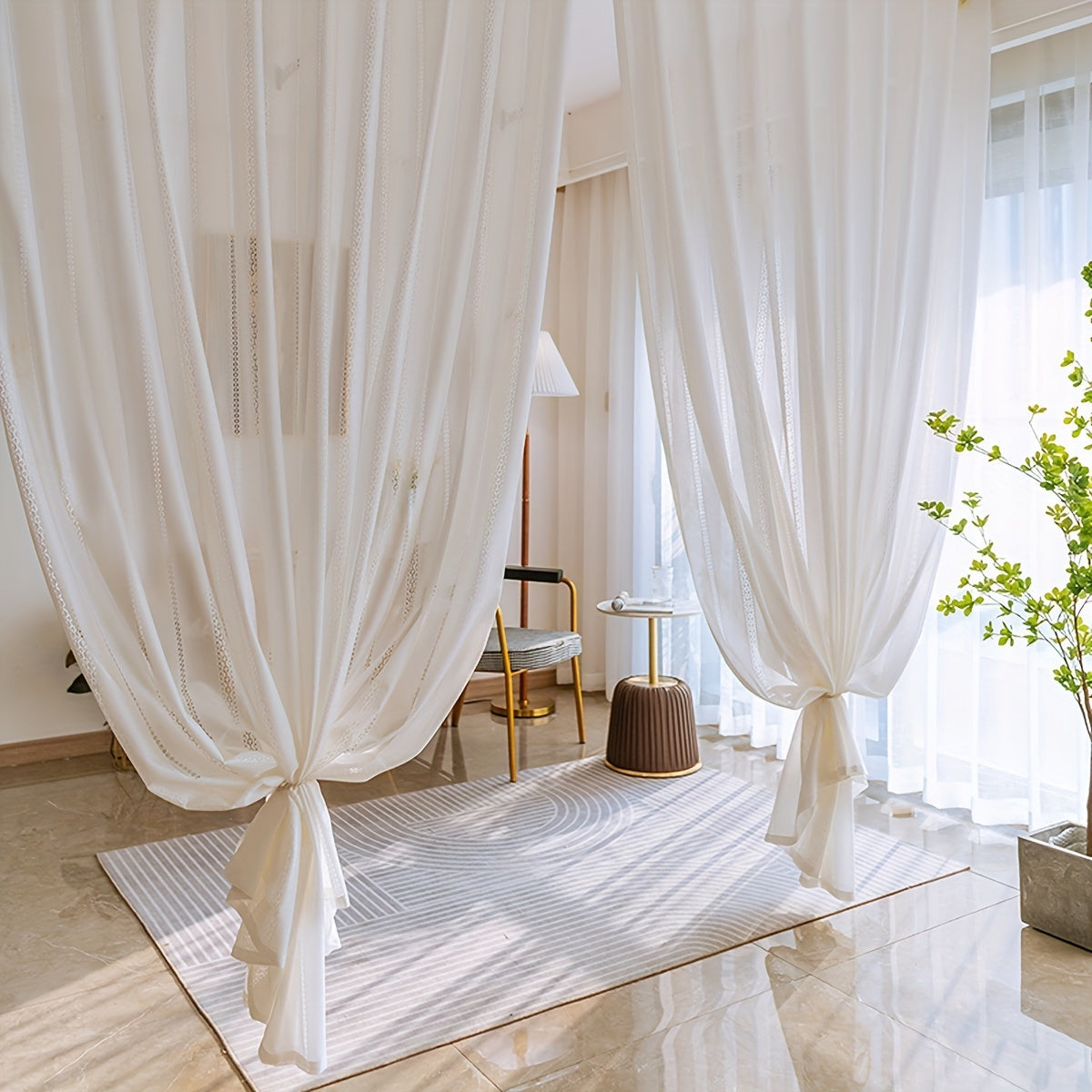Translucent Sheer Curtain Braided Geometric Striped Rod Pocket Curtain