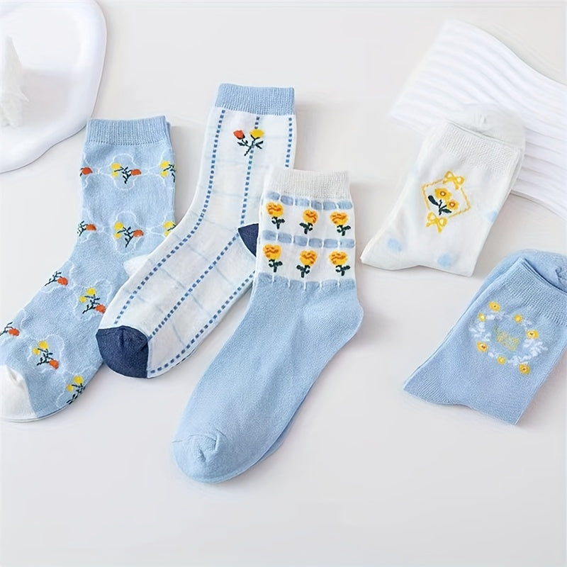 5 Pairs Floral Print Socks Comfy & Mid Tube Socks Women's Stockings