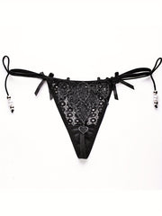 Sexy Jacquard Mesh Strappy Thongs with Pendant Decor