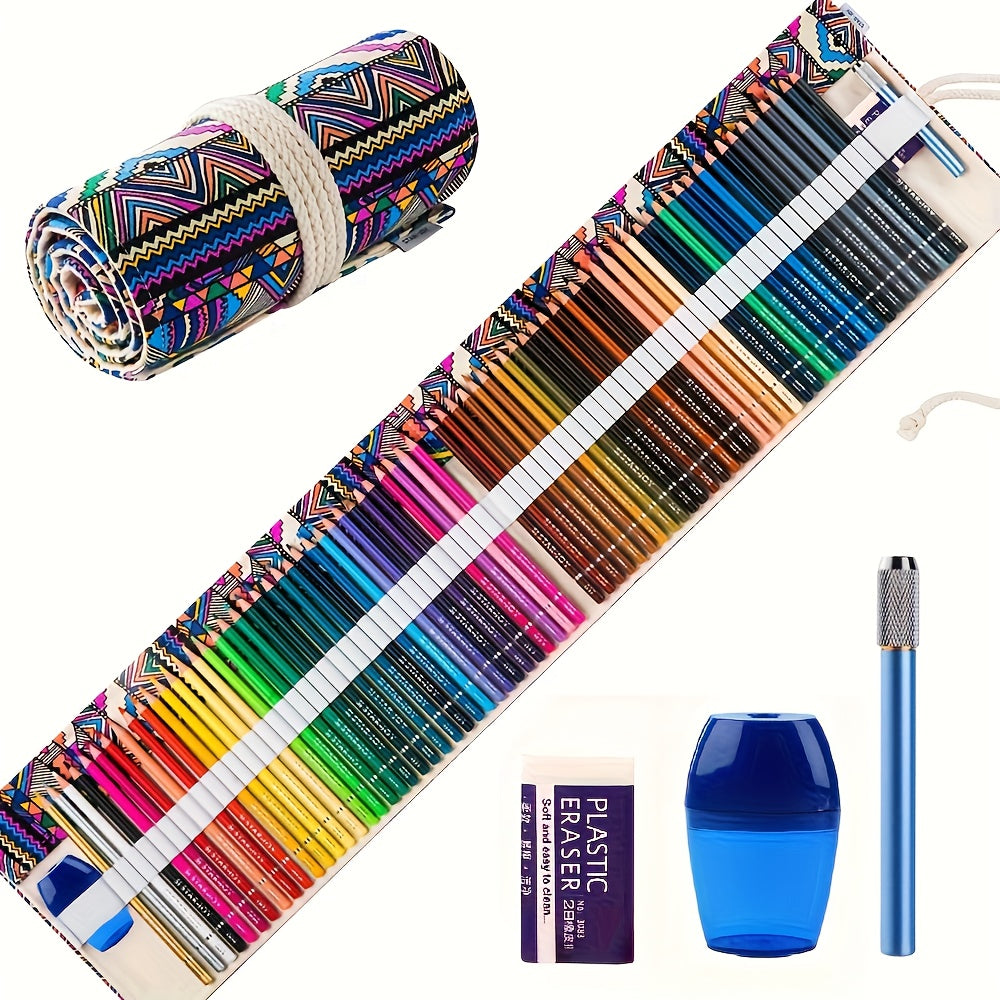 72 Colored Pencils Set with Canvas Wrap Orange Red Shades