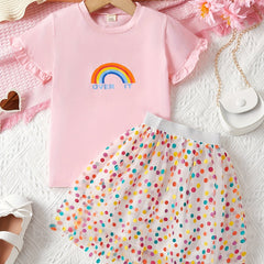2pcs Girls Rainbow Ruffle Trim T Shirt & Polka Dot Mesh Tutu Skirt Set