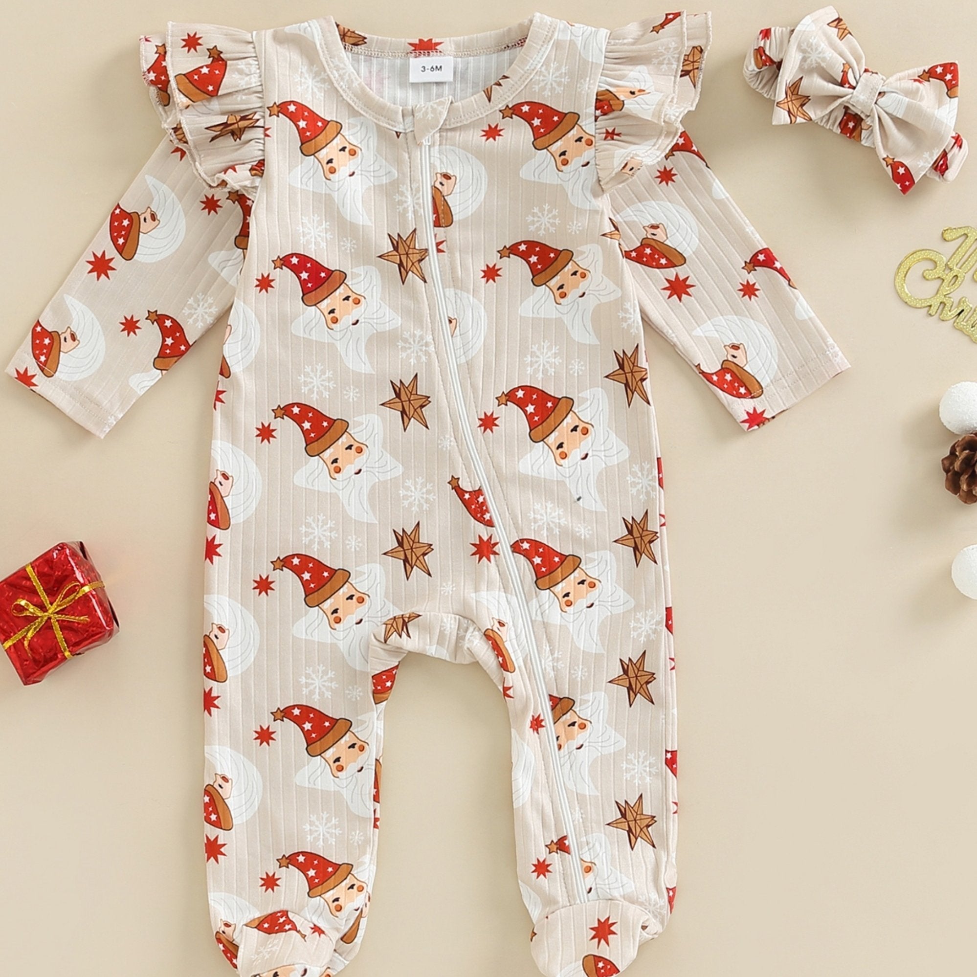Christmas Baby Girls Hat Print Jumpsuit Set