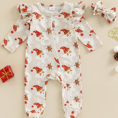 Christmas Baby Girls Hat Print Jumpsuit Set