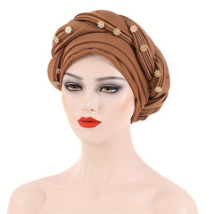 Pleated Turban Cap Flower Decor Twist Head Wrap Elastic Bonnet Beanie Chemo Hats