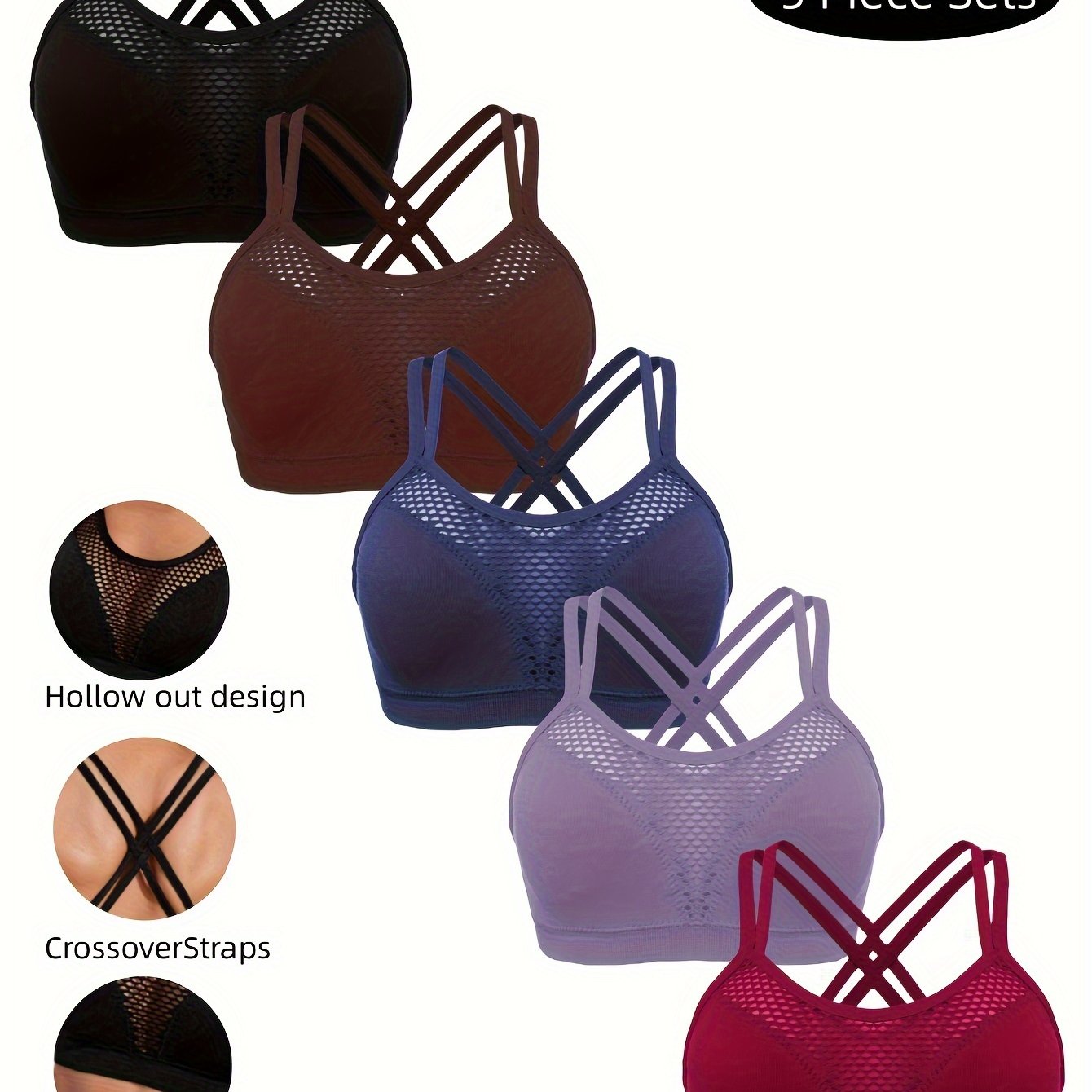 5pcs Stretch Hollow Criss Cross Sports Bra for Women