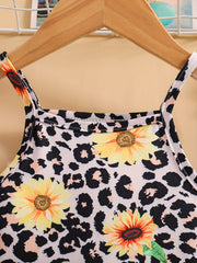 Girls Sunflower & Leopard Graphic Camisole Shorts Set for Party Beach