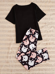 Cartoon Print Pajama Set Short Sleeve Top & Pants