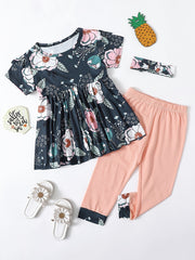 Girls Peplum Top & Flower Pants Set with Headband