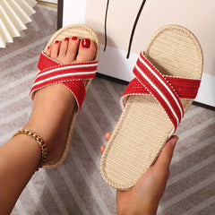 Cross Straps Knit Sandals Open Toe Flat Linen Soft Sole Slides