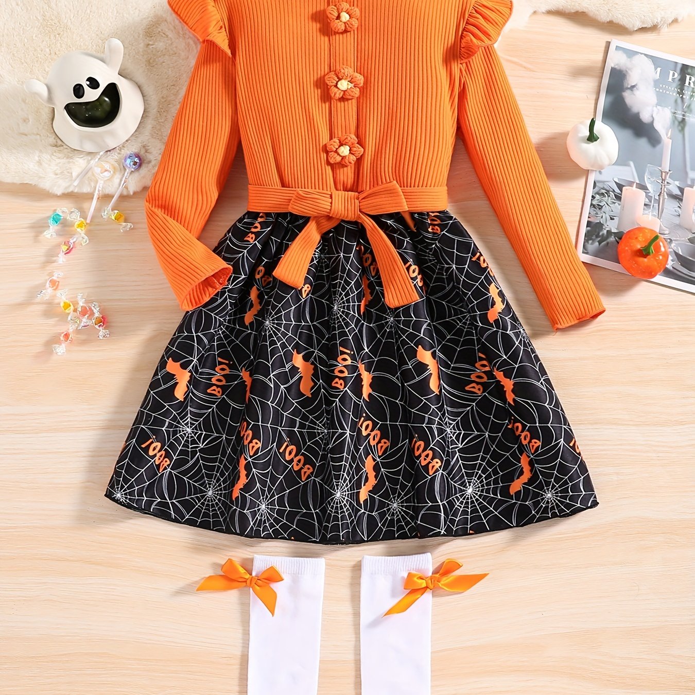 Girls' Halloween Pumpkin Print Princess Dress
