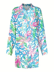 Abstract Print Button Up Long Sleeve Shirt Dress