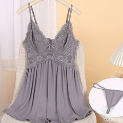 Sexy Contrast Lace Slip Dress Deep V Backless Babydoll Women's Lingerie