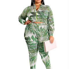 Tropical Print Zipper Front Jacket & Legging Set