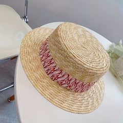 Wheat Straw Flat Top Straw Hat Men Women Vacation Floral Patched Top Hat