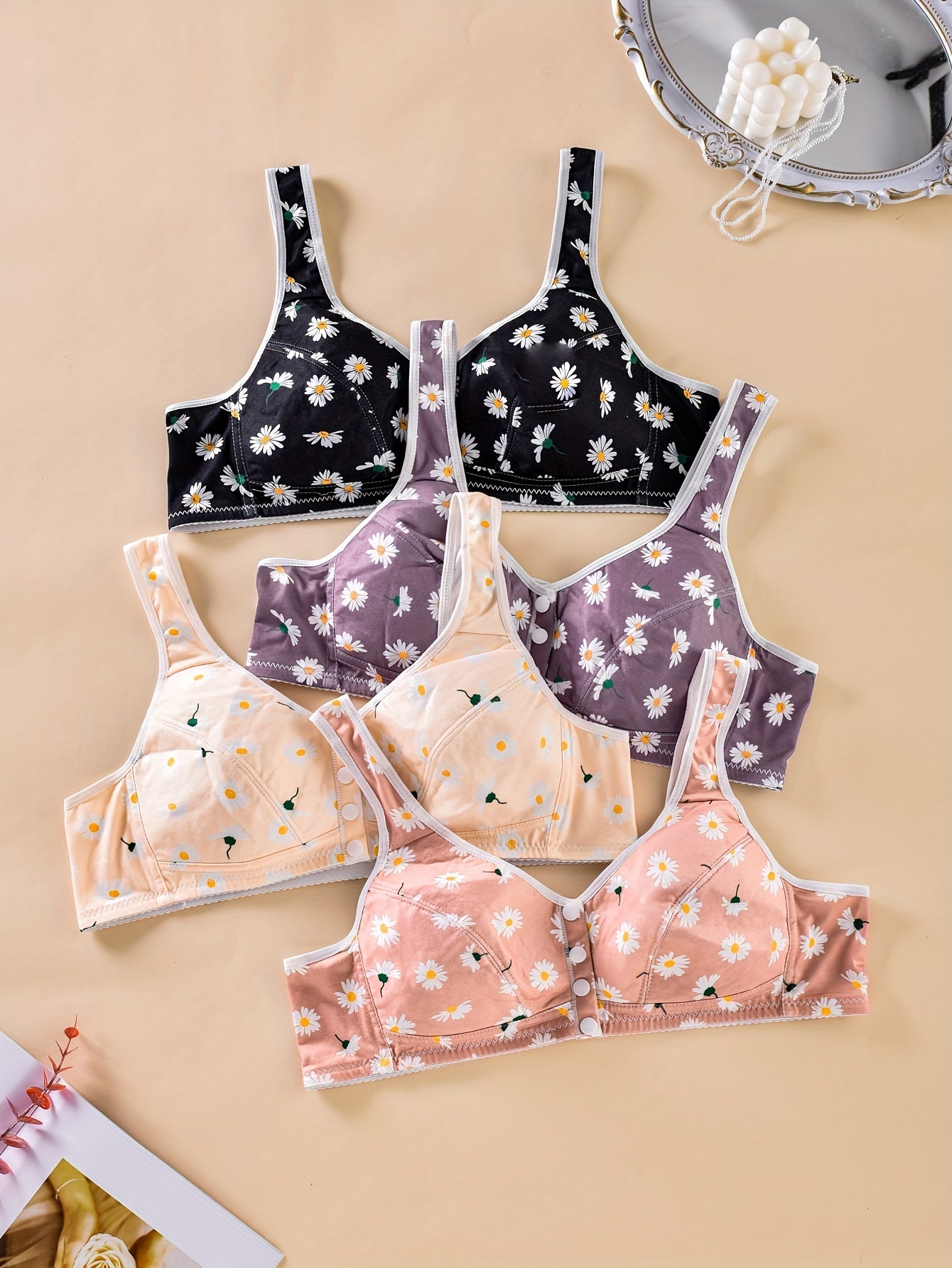 4 Pack Daisy Print Wireless Comfort Bra Set Plus Size