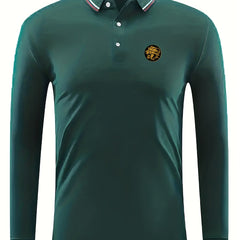Men's Lion Head Print Long Sleeve Polo Shirt Casual Breathable Button Up Top