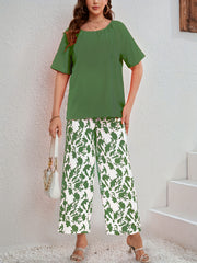 Casual Outfits 2 Piece Set - Solid Top & Floral Wide Leg Pants