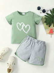 2pcs Baby Girls Heart Print T shirt & Shorts Set Summer Clothes