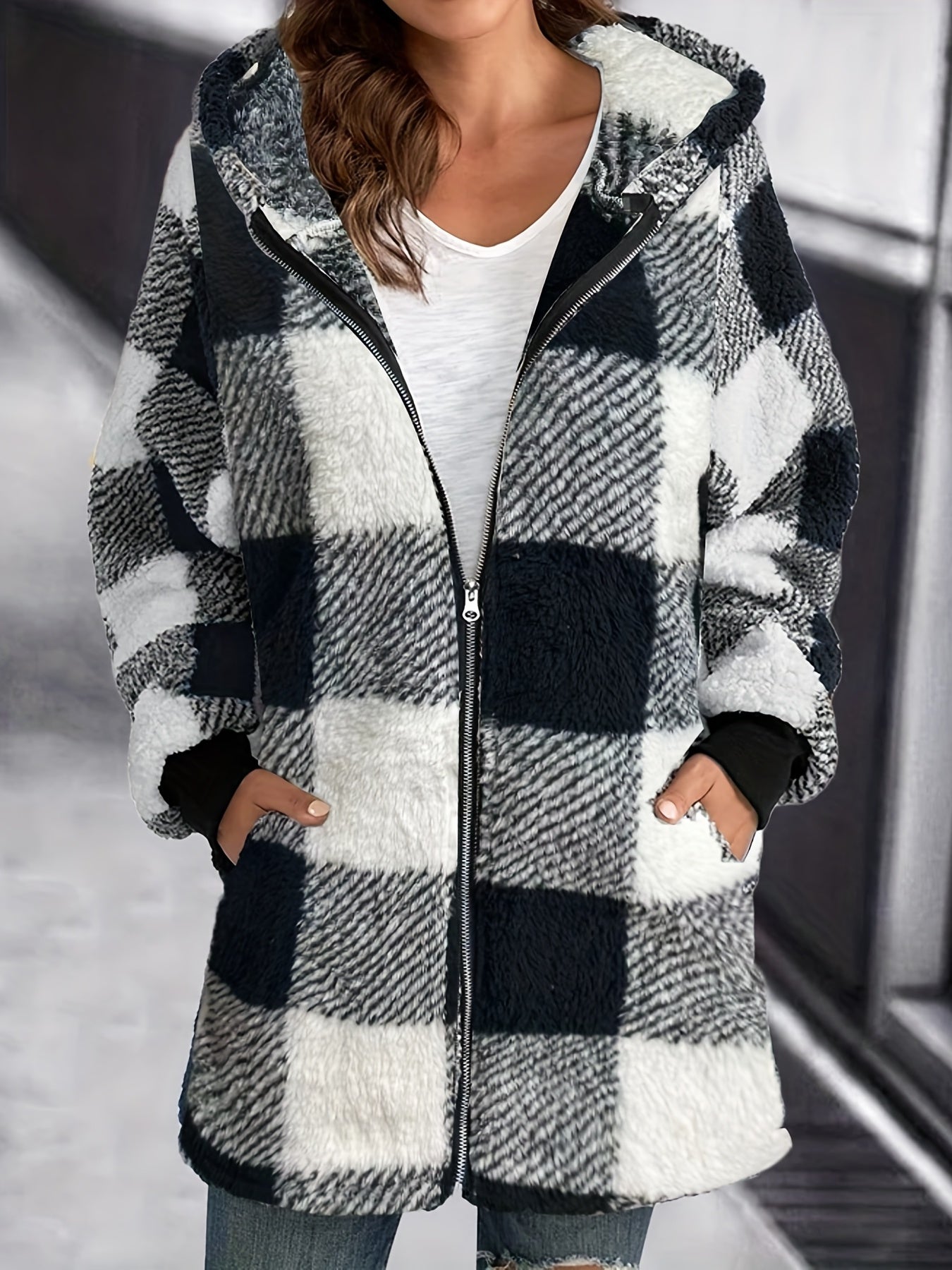 Plaid Print Hooded Jacket Zip Up Outerwear