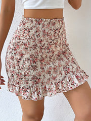 Floral Print Shirred Mini Skirt with Ruffle Trim