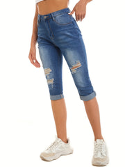 Women's Ripped Holes Capris Jeans Slim Fit Mid Stretch Denim Pants