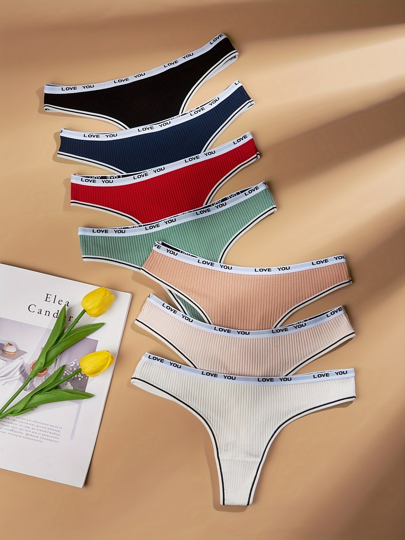 7pcs Letter Tape Ribbed Thongs Low Waist Panties Women's Lingerie